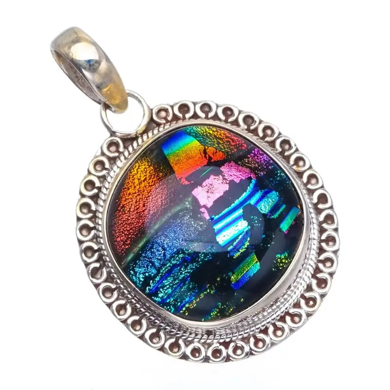 StarGems Natural Rainbow Dichroic Glass Handmade 925 Sterling Silver Pendant 1.5