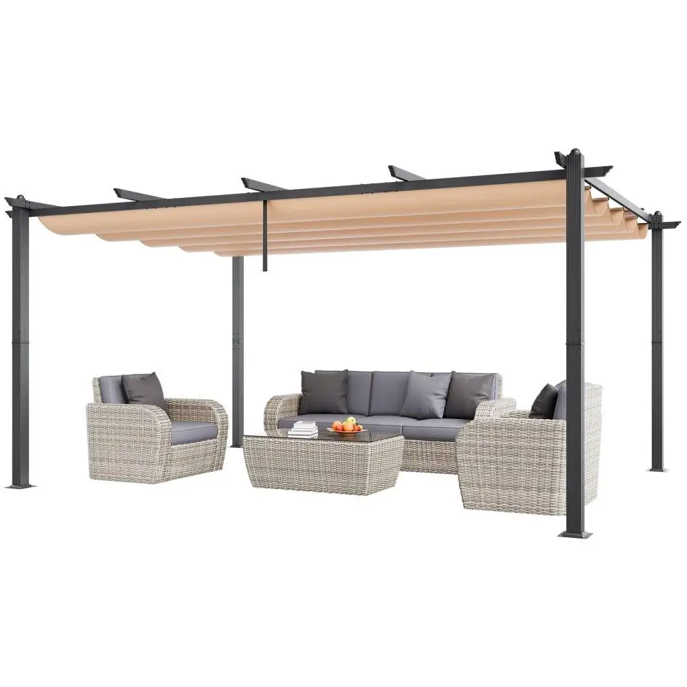 

12x16 Outdoor Retractable Pergola Sun Shade Canopy Durable Aluminum Frame Beige
