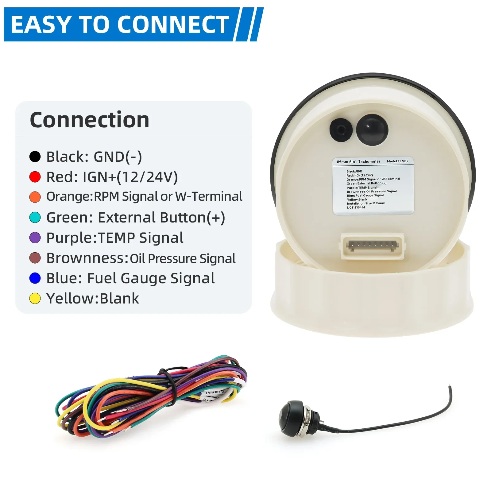 85mm 6 in 1 Tachometer Fuel Level Water Temp Oil Pressure Voltage Hour Meter Gauge and M16 M18 1/8NPT Sensor For Car Boat Truck