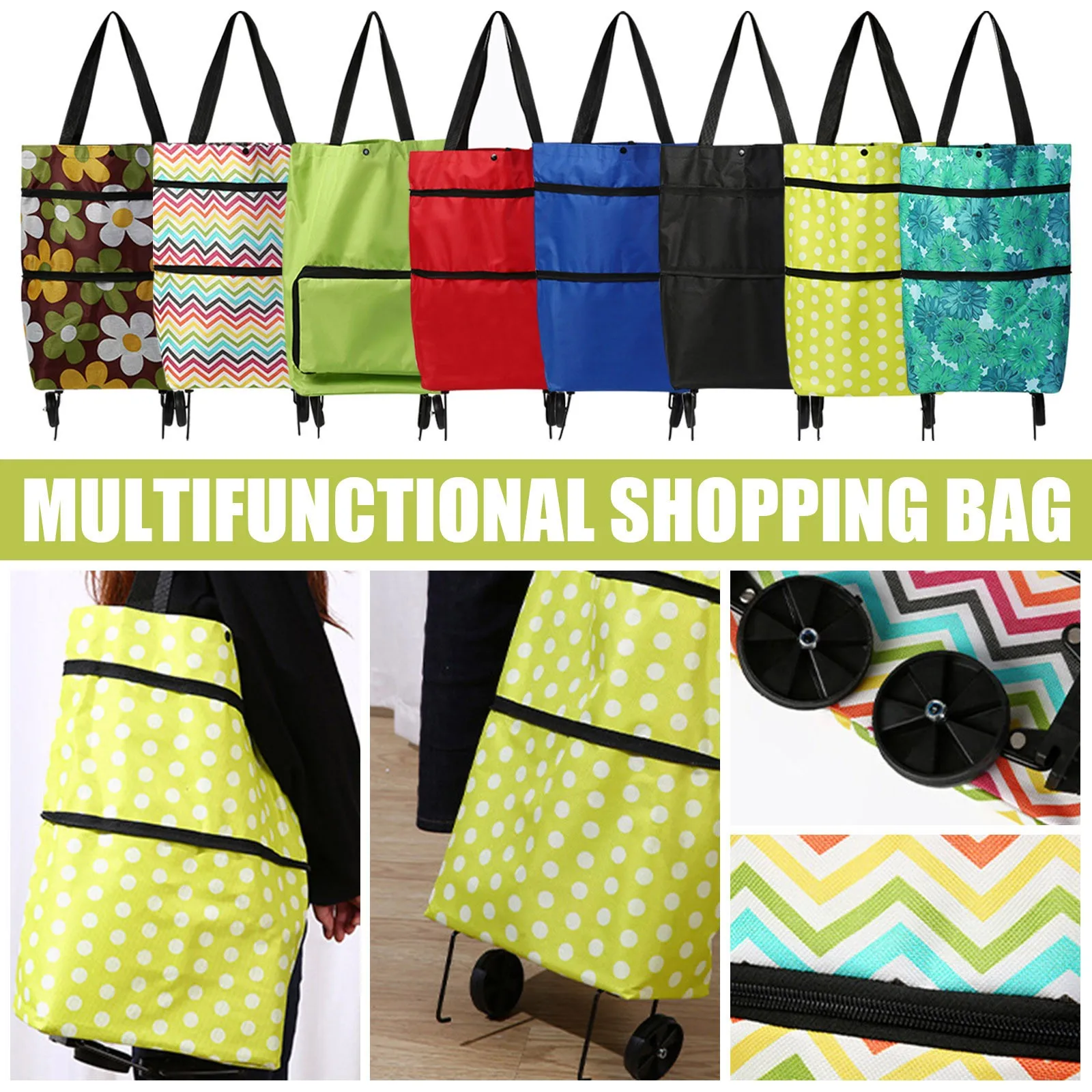 2-in-1 Foldable Shopping Cart Bag-Convertible Wheeled Trolley To Shoulder Bag Waterproof Oxford with Stand for Grocery/Market
