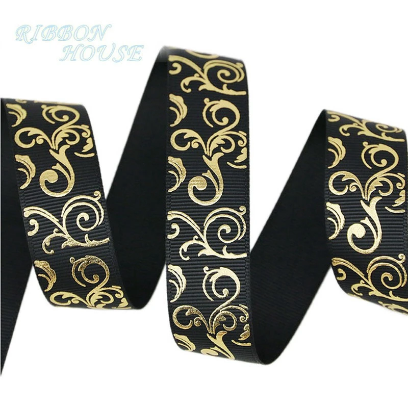 (10 Yards/Rolle) 2,5CM Schwarz-Gold Folien-Heißprägung Ripsband Geschenkband Hochzeitsbänder Großhandel
