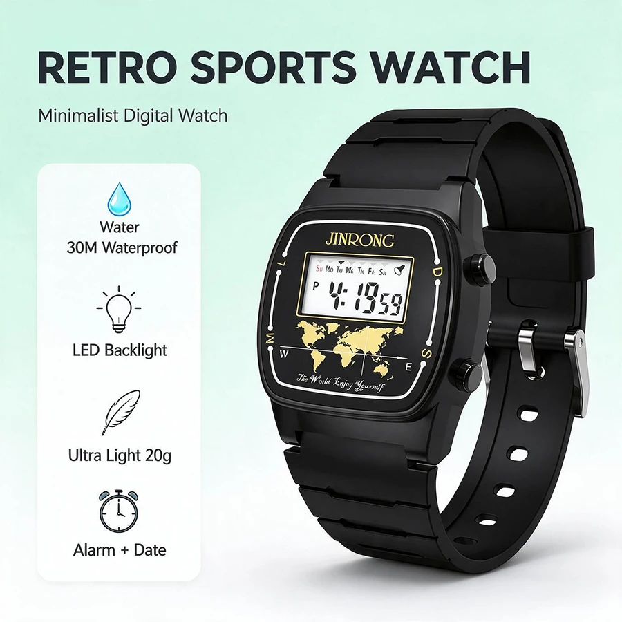 Retro Square Digital Sports Watch Women 30M Waterproof LED Alarm PU Strap Wristwatch