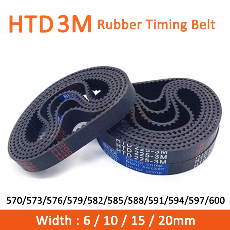 1pc HTD3M Timing Belt 570/573/576/579/582/585/588/591/594/597/600mm Width 6/10/15/20mm Rubber Closed Synchronous Belt Pitch 3mm