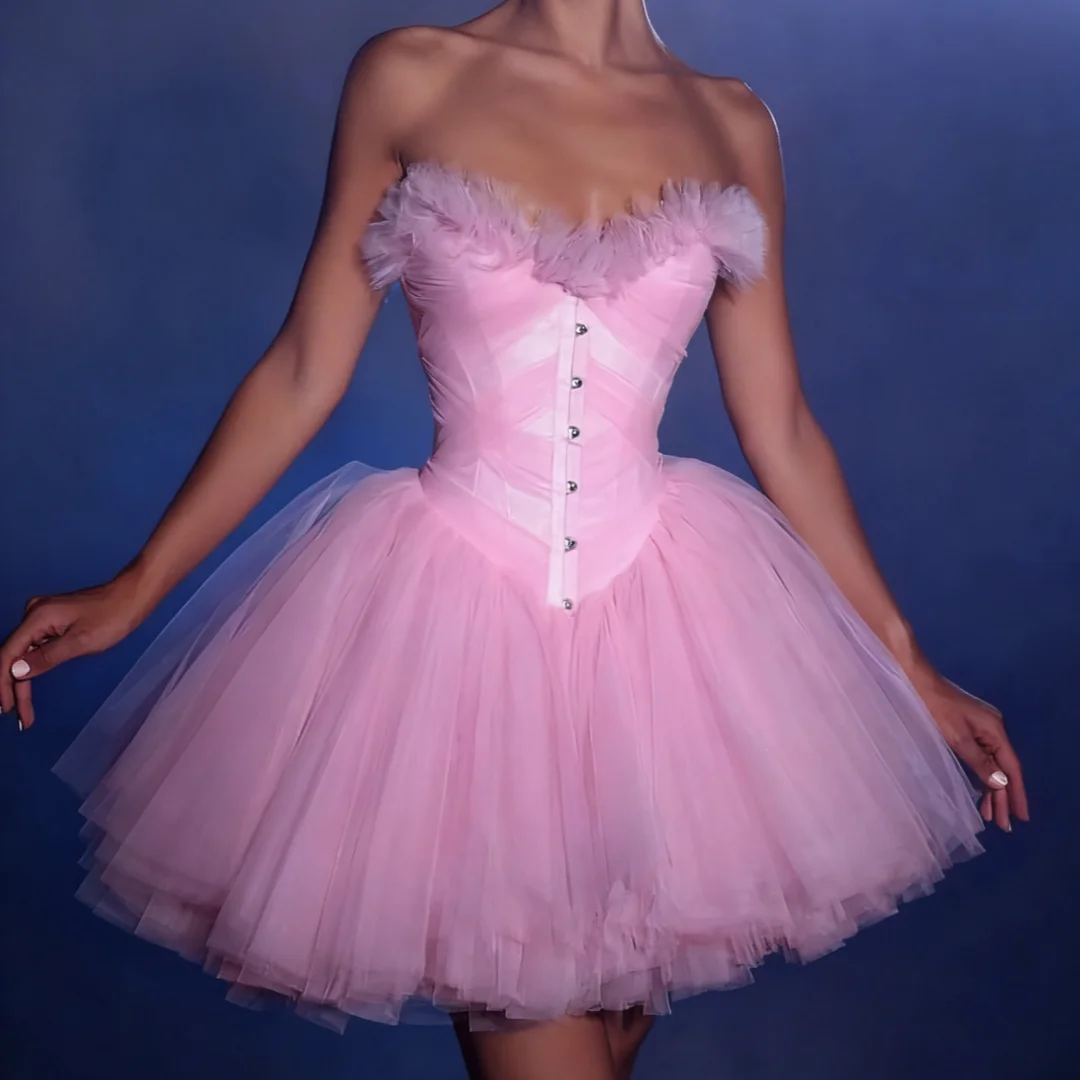 Pretty Strapless Tulle Brithday Party Dress Sweetheart Button Mini Cocktail Dresses  Puffy Ruffled Tiered Mesh Prom Gowns Custom