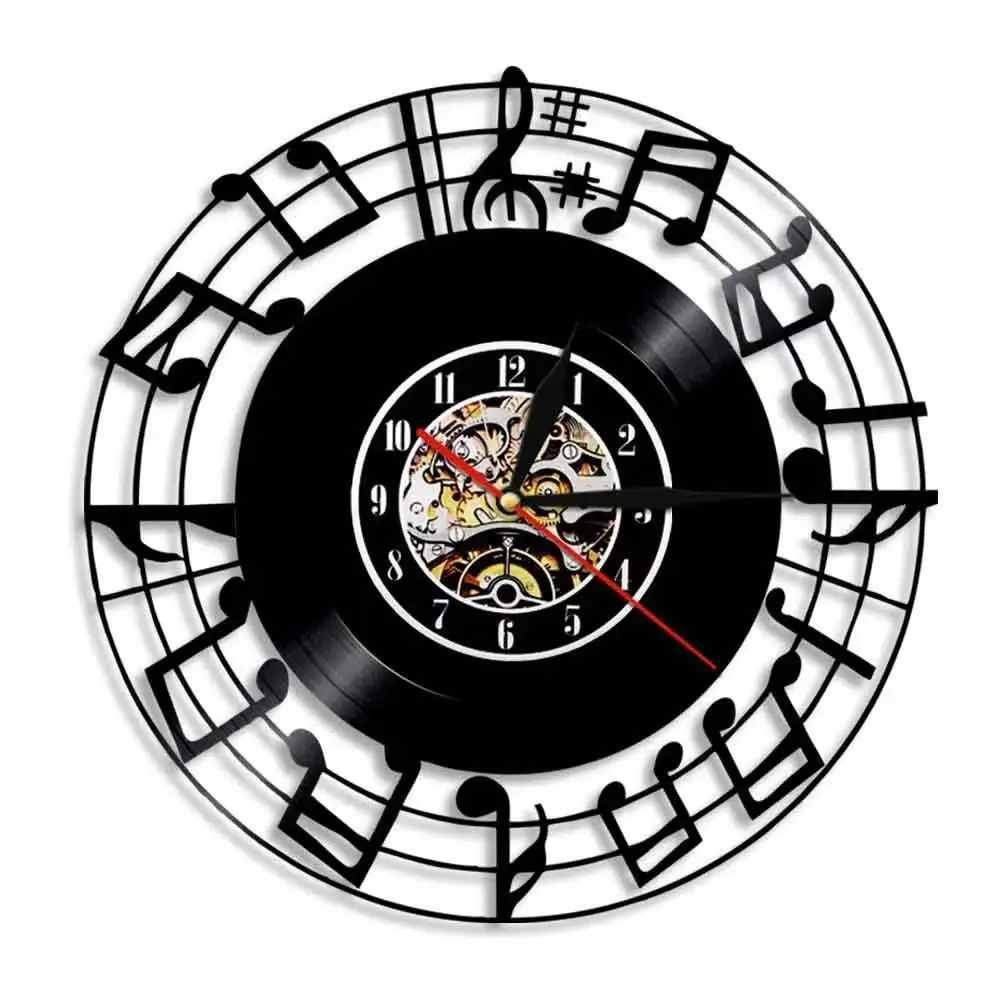 Music Note Vinyl Record Wall Clock with Musical Silhouette LED Backlight - Modern Home Decor Night Light for Musician And Teache