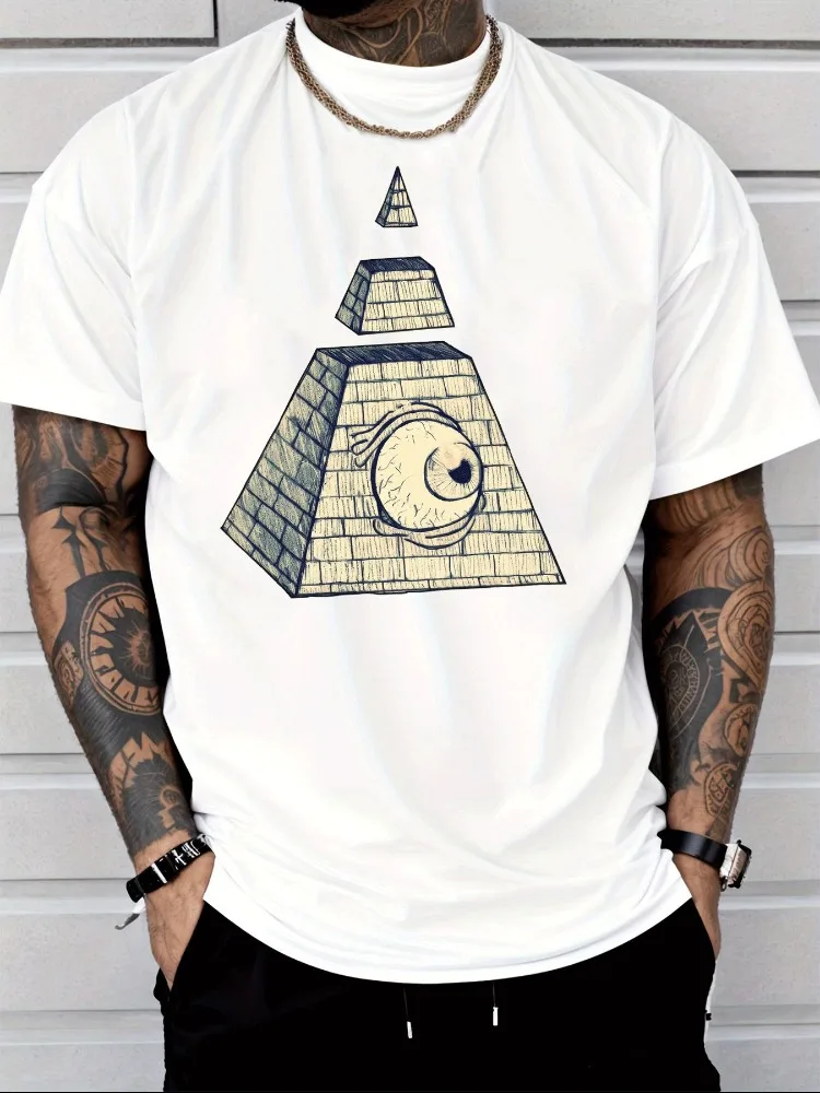 Men Summer Crew Neck T Shirt Pyramid All Seeing Eye Print Casual Loose Streetwear Short Sleeve Male Daily Fashion Tops