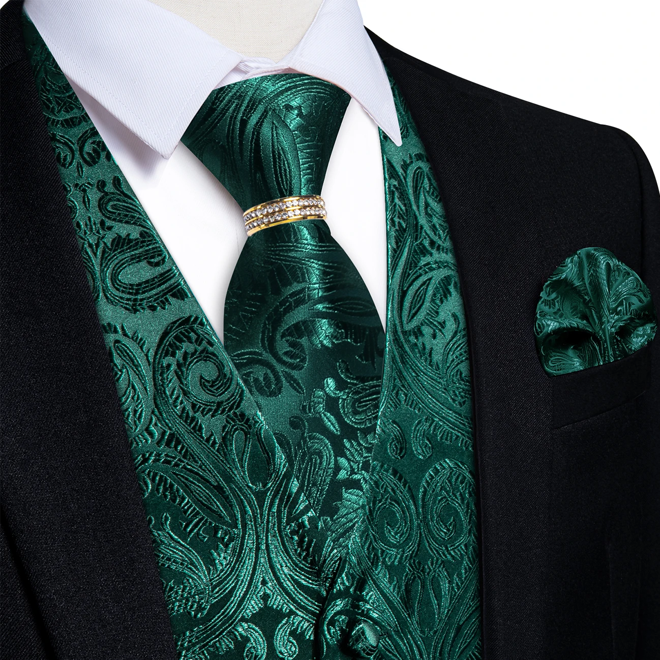

Emerald Paisley Jacquard V-Neck Vest 5Pcs Set Tie Pocket Square Cufflinks Gold Rhinestone Ring For Holiday Gala