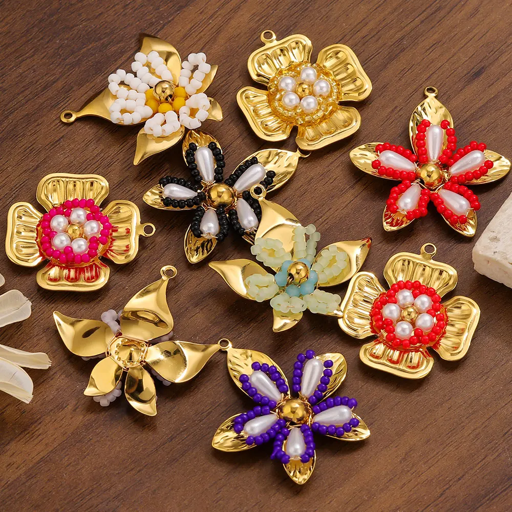 2pcs Stainless Steel Charms Geometric Nature Stone Pendants Colorful Beaded Flower Necklace Pendants Jewelry Making Materials
