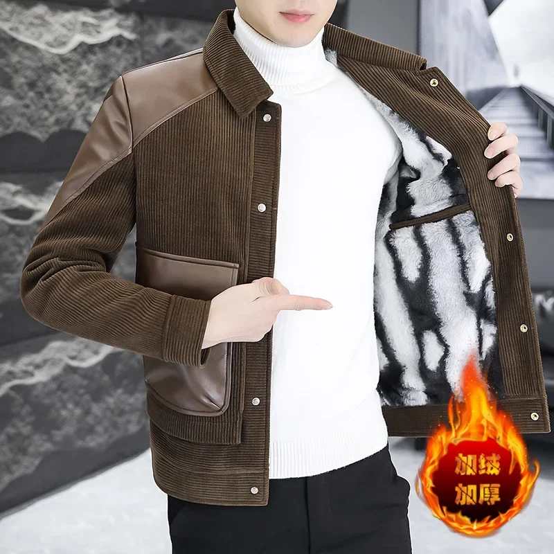 

2023 winter Korean Fashion PU Splice Wool & Blends Jacket Men Plush and Thicken Casual Business Trench Coat Streetwear Overcoat