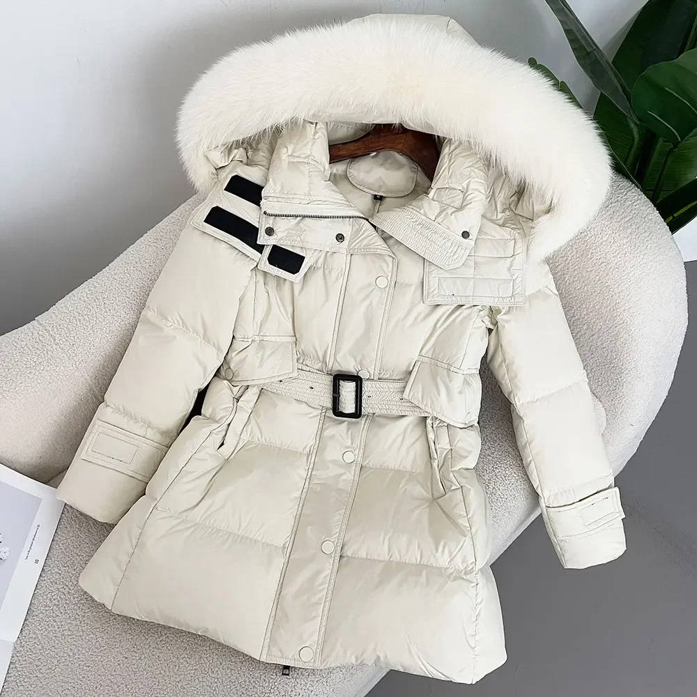 

2024 Winter Korean Version Warm Long Down Jacket with Detachable Fox Fur Collar Women's Fashion Lace-up 90% White Duck Down