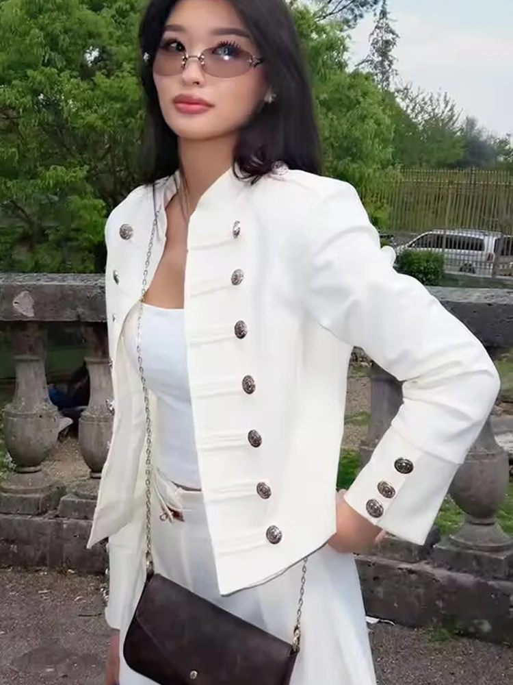 Fashion Women Multi-Row Buttons Decoration Short Jacket Solid White Cardigan Spring New Stand Collar Long Sleeve Female Jacket