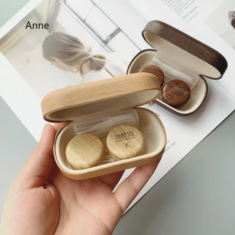 Retro Leather Wood Grain Double Partner Cosmetic Contact Lens Box Large Diameter Leak-proof Storage Myopia Contact Lens Case