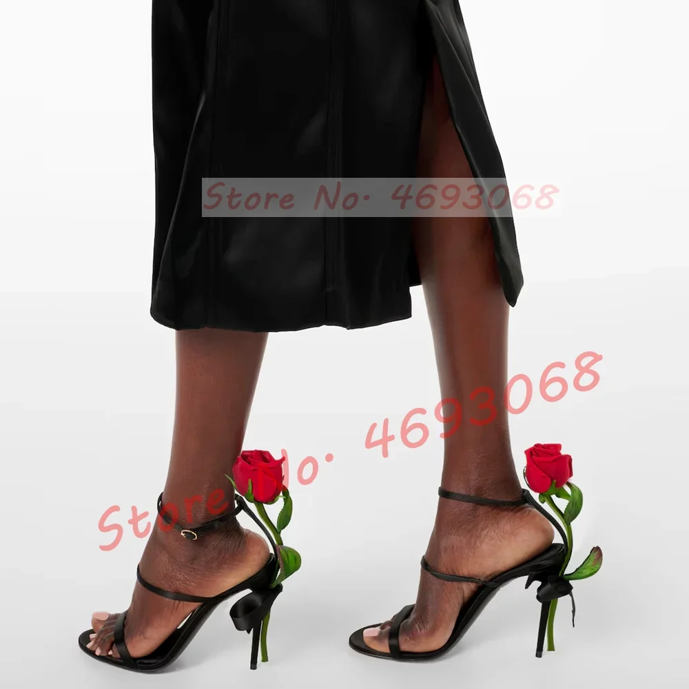 

Red Rose Black Satin Evening Sandals Women Trendy Party Ankle Strap Chic Stiletto Shoes Female Summer High Heels Open Toe Shoes