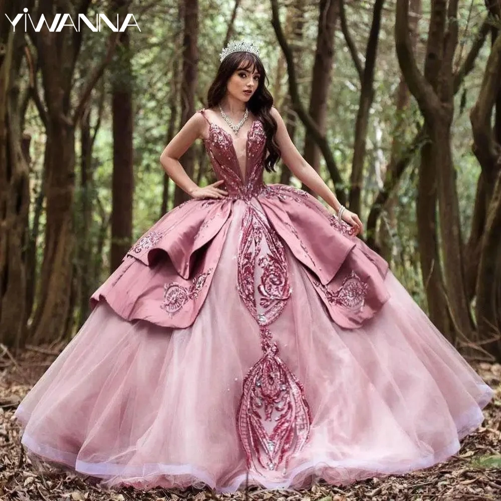 

Sexy Deep V-neck Quinceanrra Prom Dresses Glitter Sequins Appliques Princess Long Pink Tiered Sweet 16 Dress Vestidos