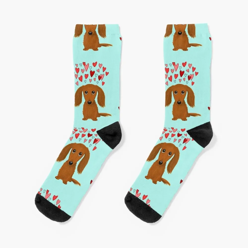 

Cute Longhaired Red Dachshund Cartoon Dog with Hearts Socks Sports winter thermal christmass gift Socks For Women Men's