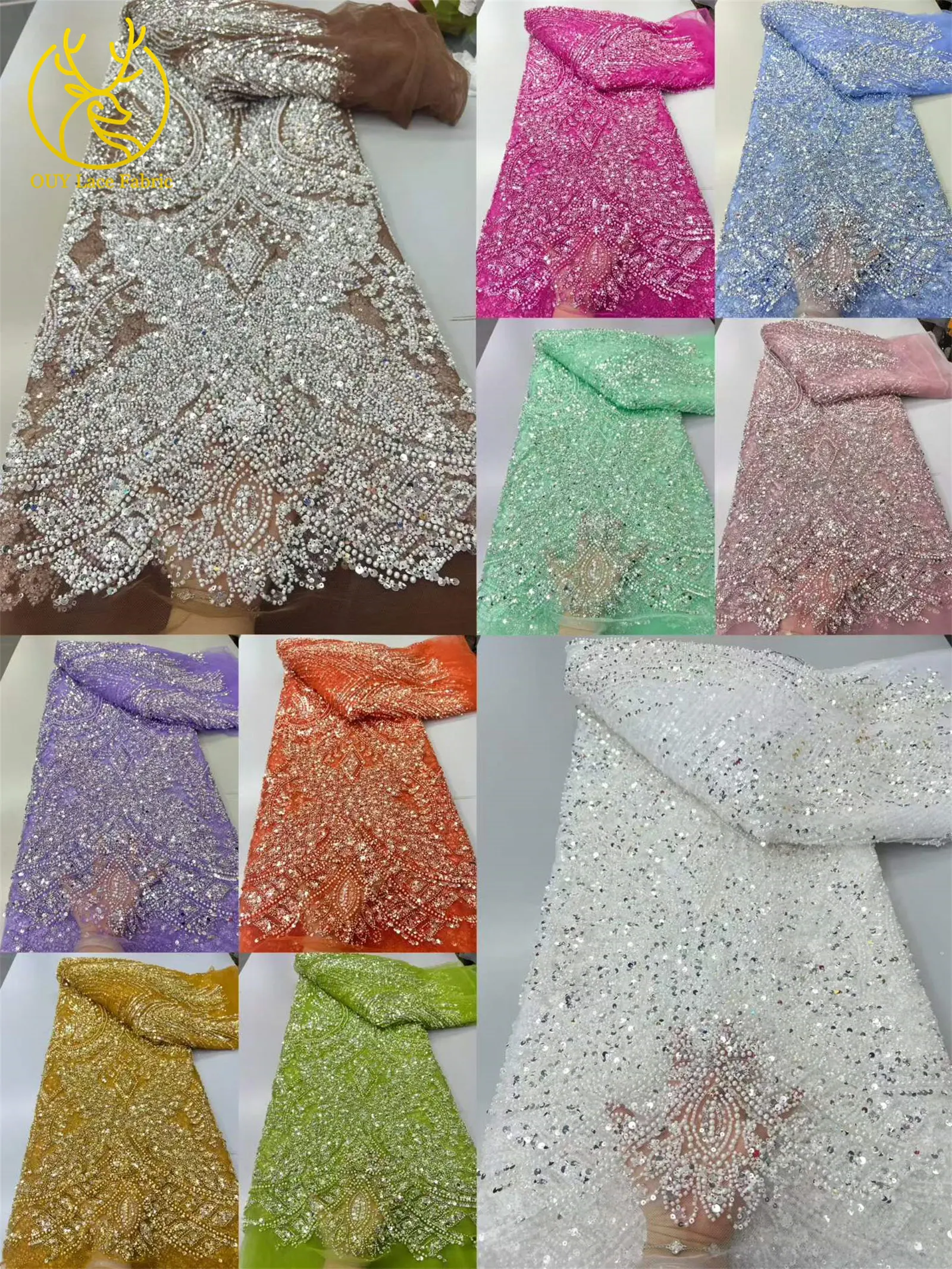 2026 Afrikanischer Spitzenstoff, hochwertiger Kaffeebrauner französischer Spitzenstoff mit Perlen und Pailletten, nigerianischer Braut-Mesh-Spitzenstoff, 5 Yards – Detail 3