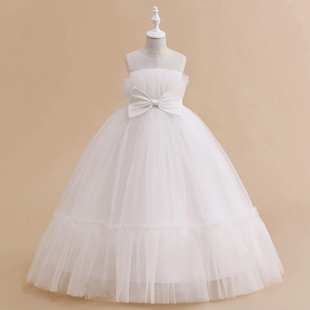 Fluffy White Girls Bridemaid Dress Christmas Bow Tulle Wedding Princess Kids Party Dresses for Girl Pageant First Communion Gown