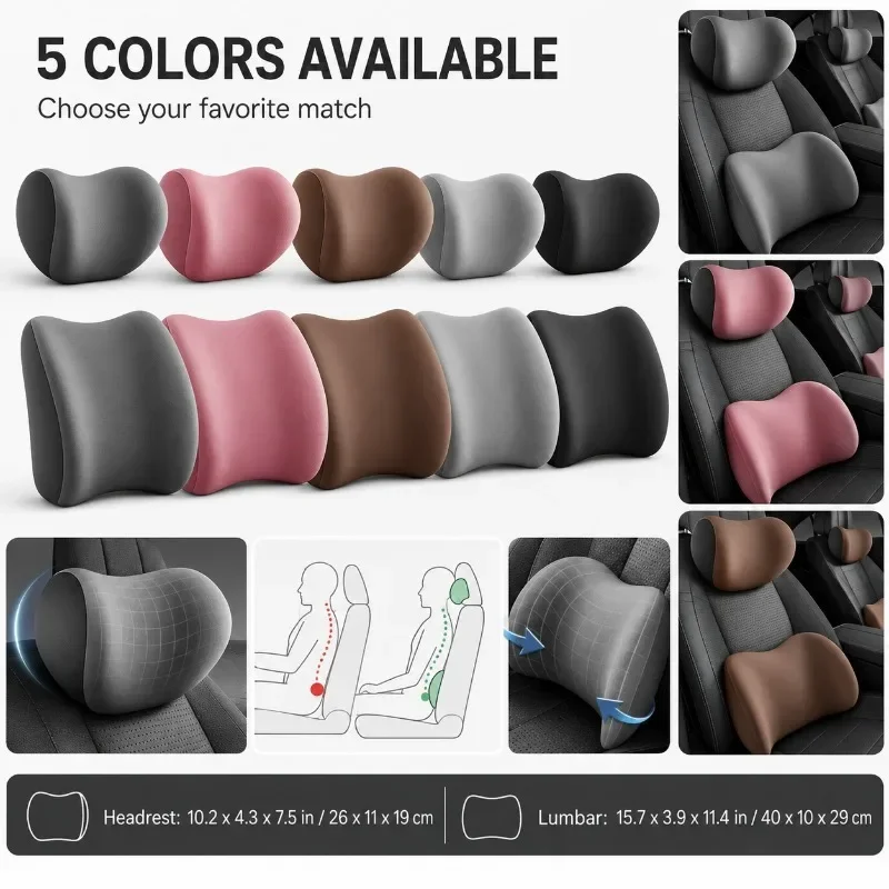 車用ネックピロープロテクター、メモリーフォーム、オートシートヘッドレストピロー、ソフトウエストクッション、車用ネッククッション、背もたれランバーサポート
