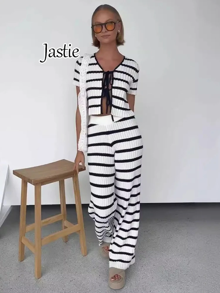 Jastie 2024 New Summer Women Suit Retro Crochet Striped Top + Casual Straight Trousers 2-piece Sets Street Fashion Femme Outfit