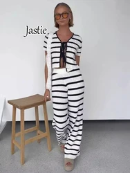 Jastie 2024 New Summer Women Suit Retro Crochet Striped Top + pantaloni dritti Casual set da 2 pezzi Street Fashion Femme Outfit