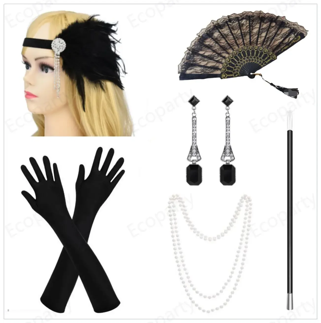 1920s Femmes Vintage Clapet Gatsby kostium akcesoria zespół 20s Bandeau Perle Collier Gants porte-papieros wielki Gatsby