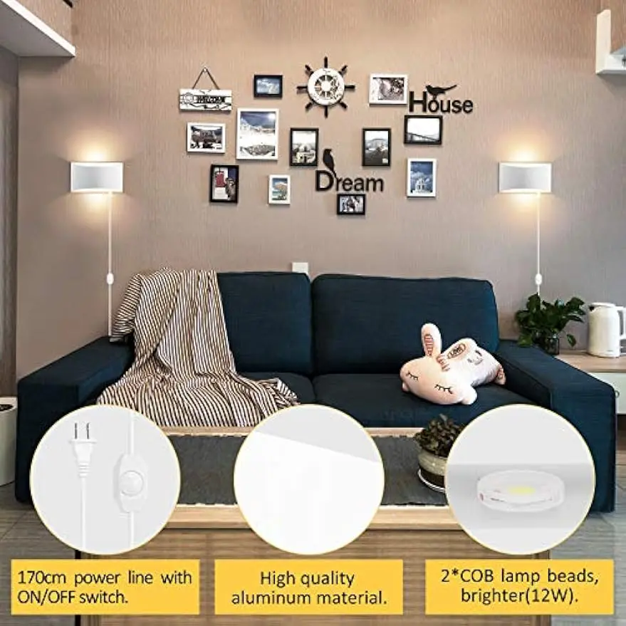 Lâmpada de parede sem luz plug in 12w moderna led luz de parede regulável interior para cima para baixo lâmpada de parede para o quarto sala estar corredor escada