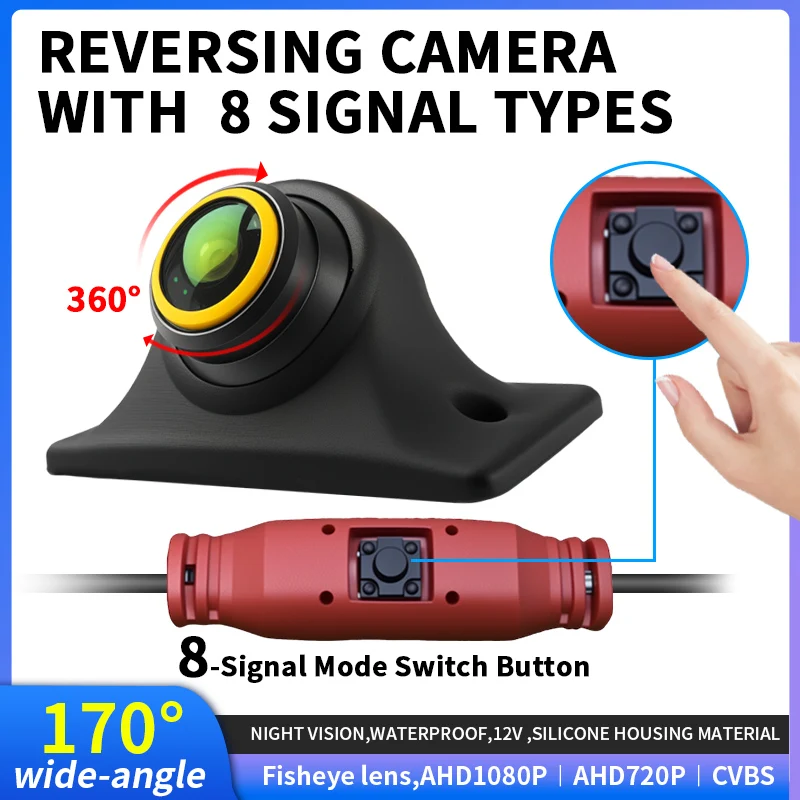 170° Reversing Camer Supports 8‑signal modes, 1080P HD, AHD Night‑Vision Waterproof, with signal‑switch button for Safe Parking