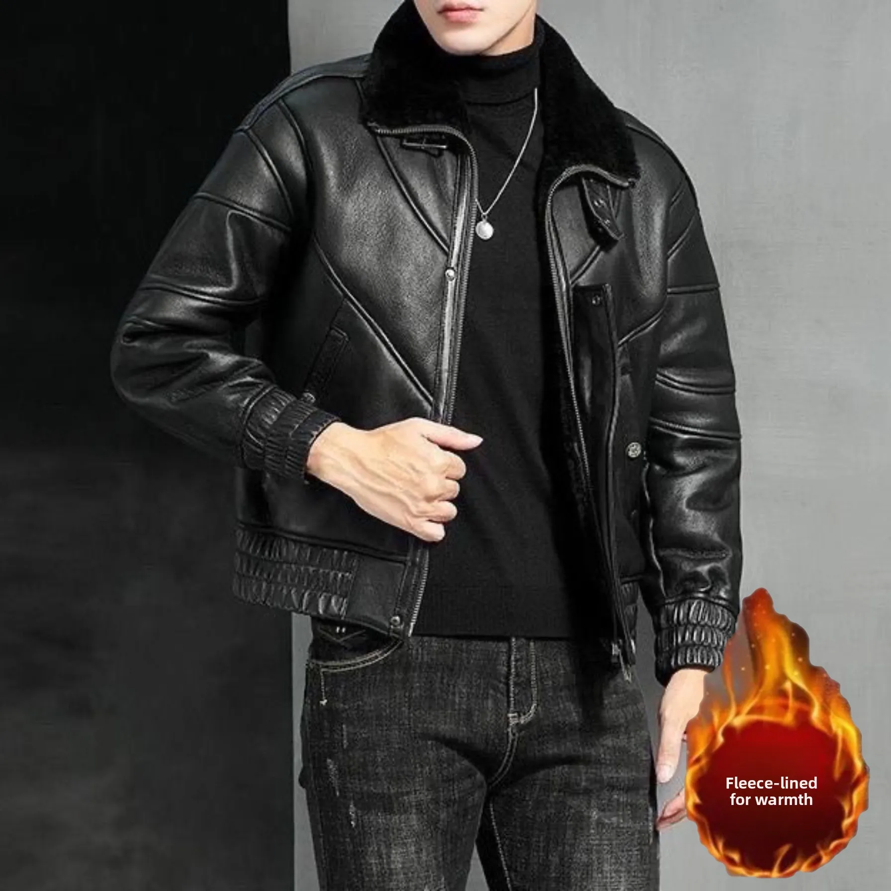 

Зимняя мода, приталенная теплая кожаная куртка, мужская верхняя одежда на подкладке с воротником-стойкой и застежкой-молнией