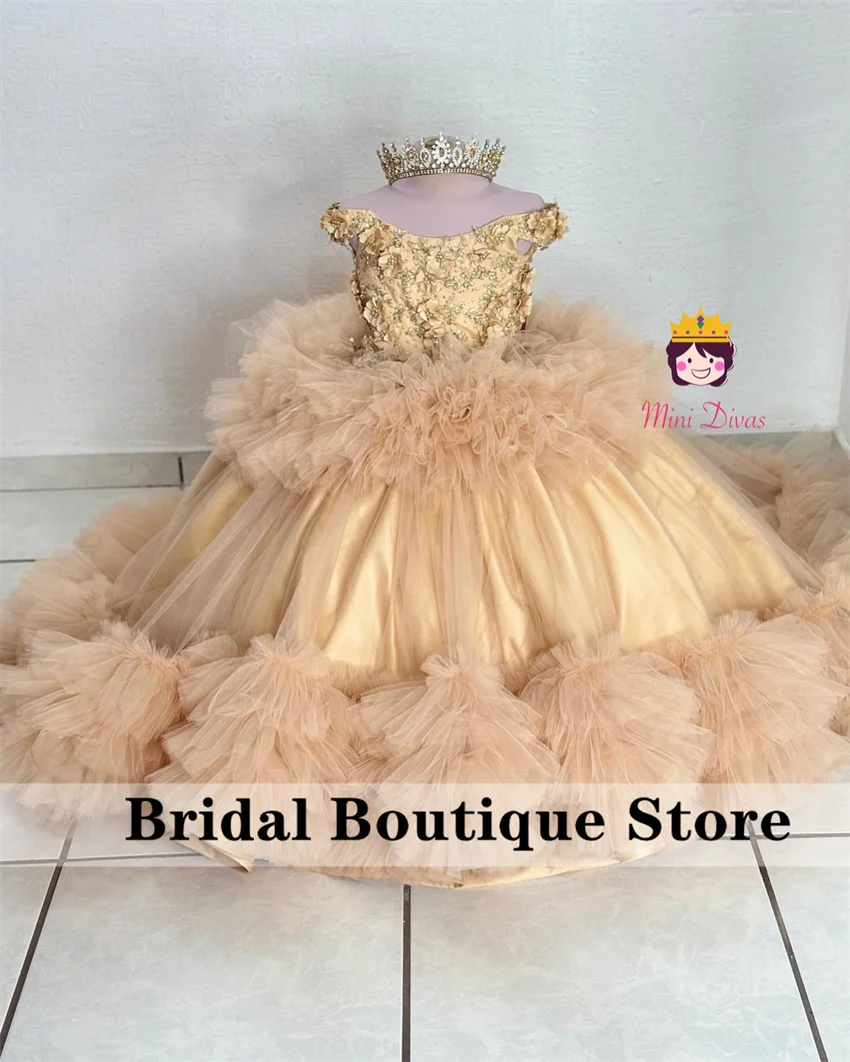 

Champagne Flower Girls Dress 2024 Beading Ball Gown Tiered Ruffle Flowers Cute Child Birthday Gown For Photoshoot Customized