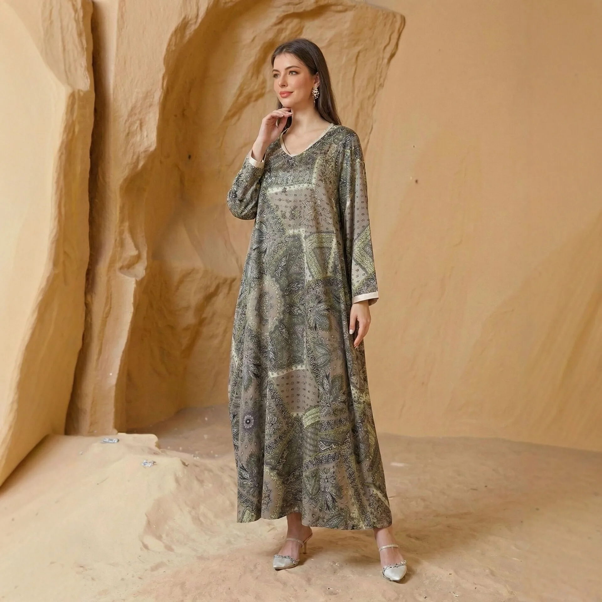 

Ad251111 Printed Bohemian Ethnic Style Long Dress Casual Loose Plus Size Long Dress Abaya Ramadan Dubai Luxury Islam Elegant