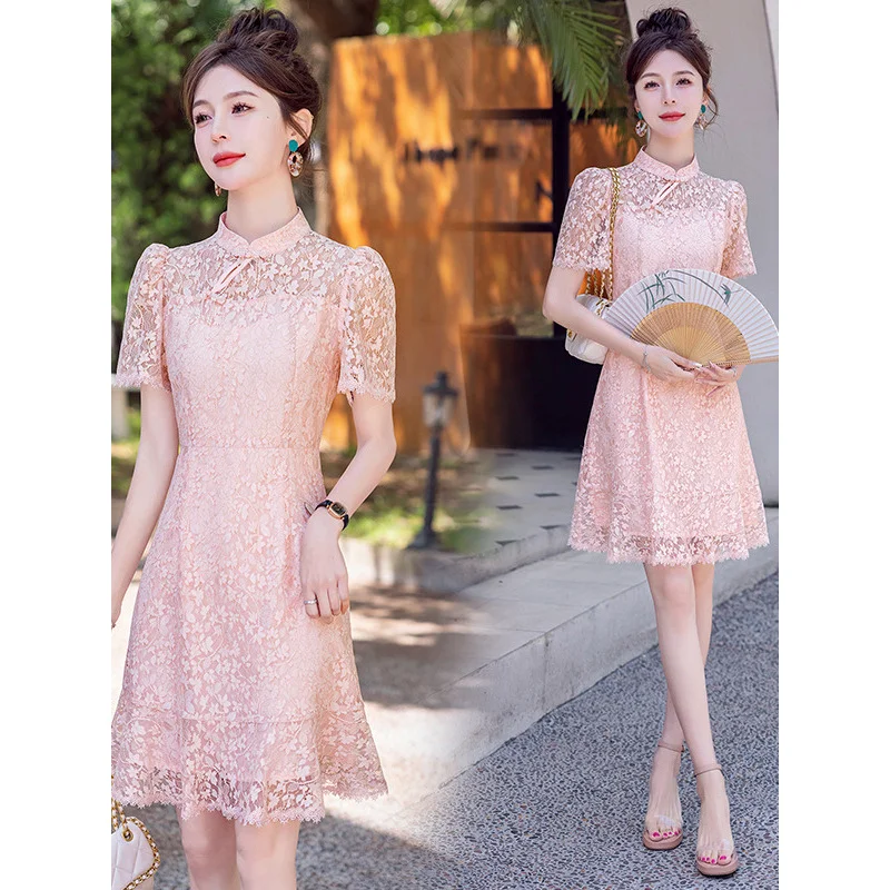 2024 Summer Women's New Chinese Style Retro Lace Improved Cheongsam Slim Fit Slimming and Fashionable Dress