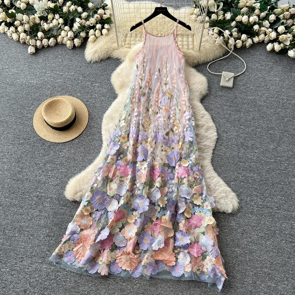 Three-dimensional flower dress for women - summer sleeveless A-line long dress formal wear