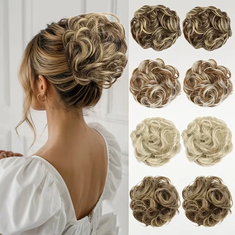 Synthetic 2pcs Messy Bun Hair Short Wave Curly Hair Ring Ponytail Extension Thick Hair Elastic Rubber Band Hairpiece for Women