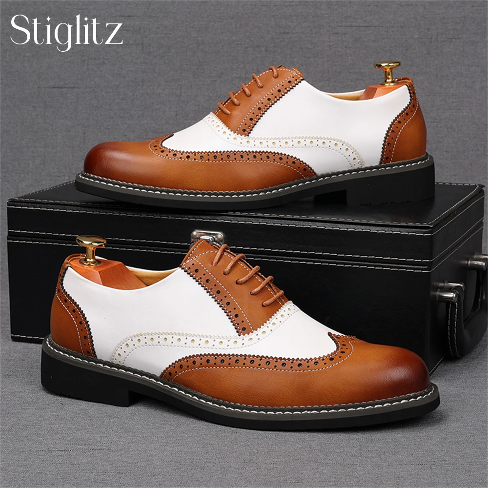 

Colorblock Leather Brogues for Men British Retro Style Business Formal Shoes Brown Black Lace-Up Oxford Shoes Comfortable Shoes