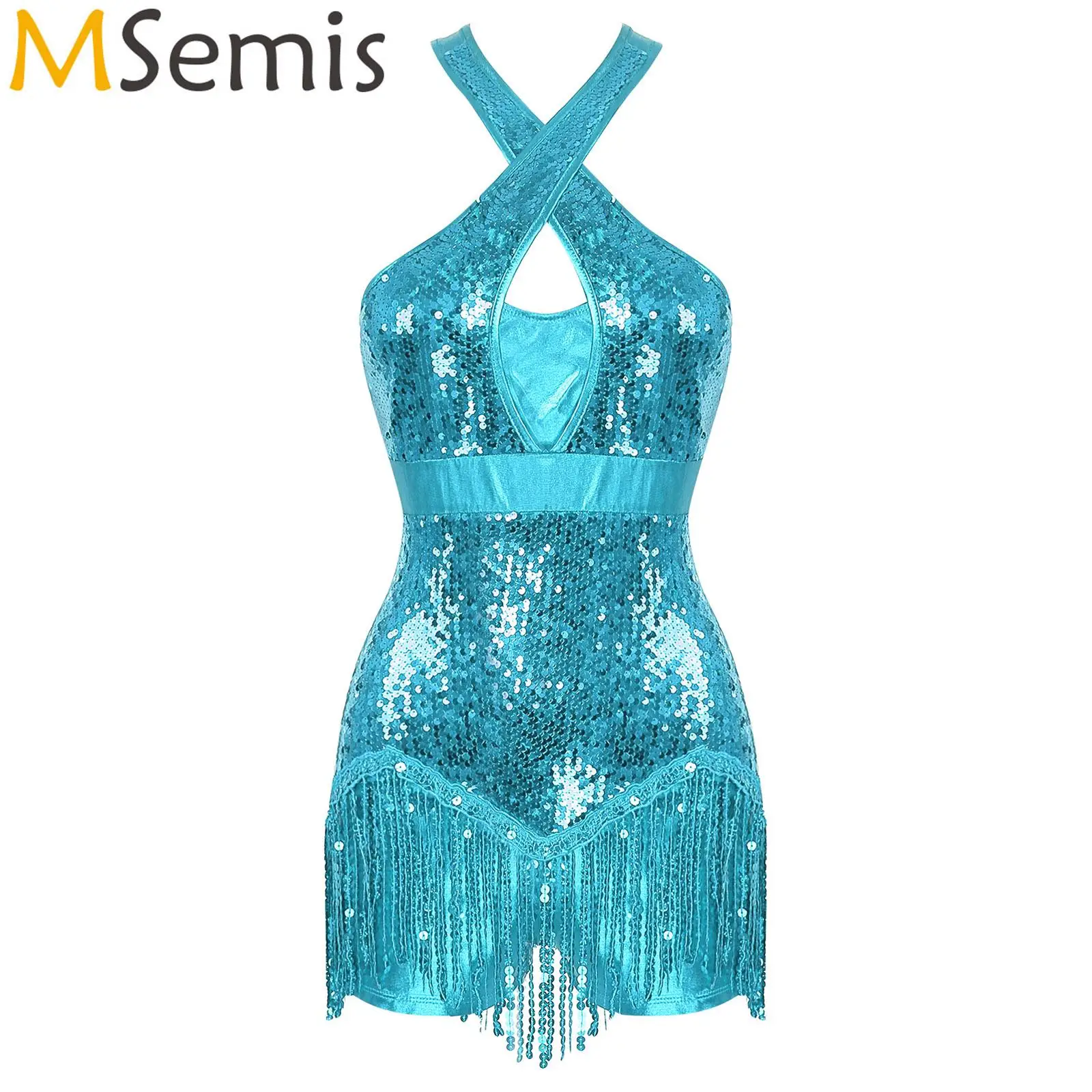 Womens Latin Dance Costume Glittery Sequins Tassel Dance Leotard Jumpsuits Cross Front Fringed Bodysuit Cha-Cha Tango Dancewear