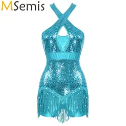 Womens Latin Dance Costume Glittery Sequins Tassel Dance Leotard Jumpsuits Cross Front Fringed Bodysuit Cha-Cha Tango Dancewear