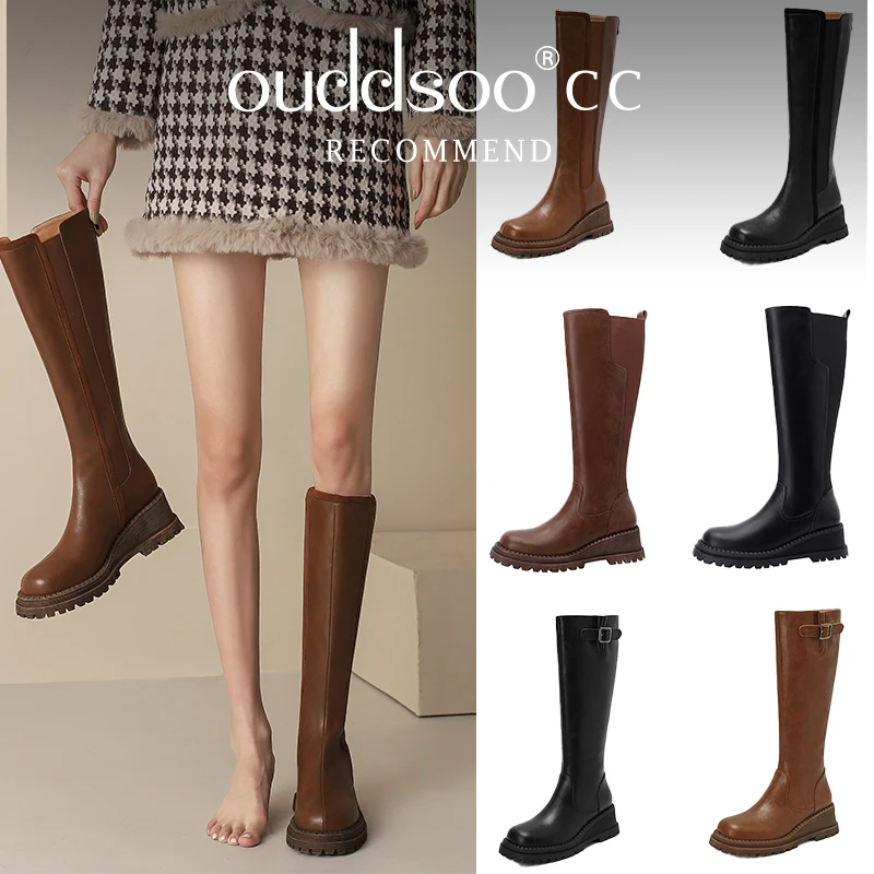 Ods 2024 Women Knee-High Boots Genuine Leather Round Toe Thick high Heels Zipper Casual Party Autumn Winter Shoes Woman 40 41 42