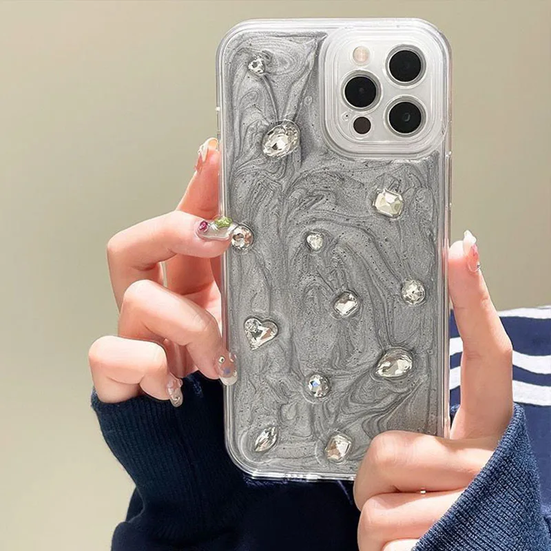 Cement Gray Swirl Phone Cases for IPhone 11 12 13 14 Pro Max for IPhone Korean Vintage Gem Heart Phone Case IPhone 11 12 13 14