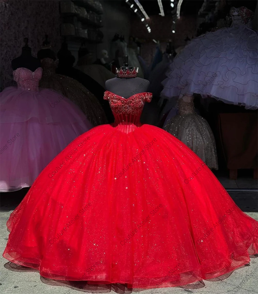 Vestido de baile de quinceañera con hombros descubiertos, cristales rojos bonitos, vestido de graduación de cumpleaños, vestido de gala dulce Mexica 15 16