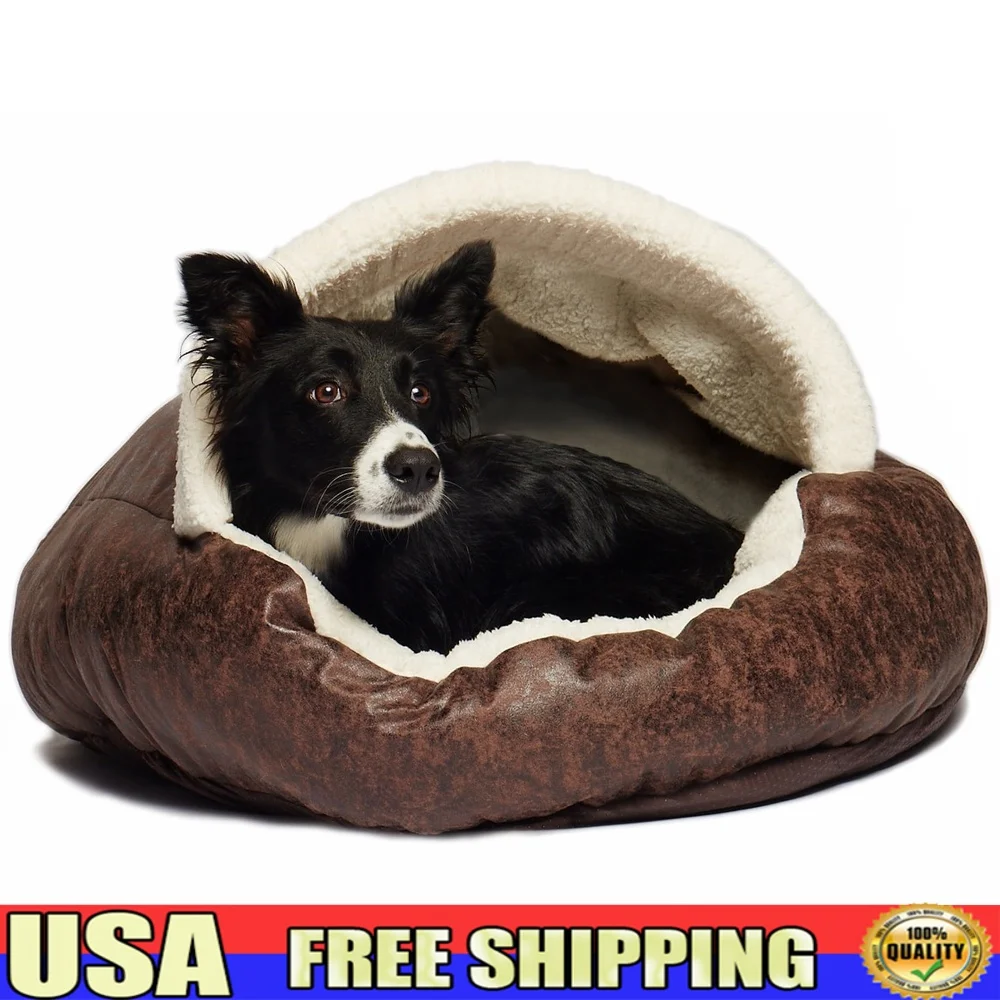 Cama para perro de cueva redonda de cuero vegano con cojín extraíble lavable a máquina Interior de Sherpa de felpa diseño ecológico mascotas