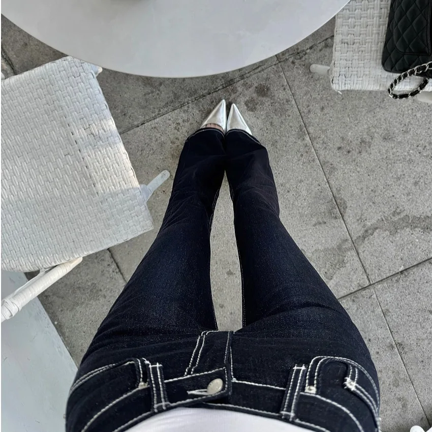 Slim Fit Bell Bot Jeans Women's Long Trousers Korean Sle Simple Stitching Butt Enhancing Cotton Stretch Denim