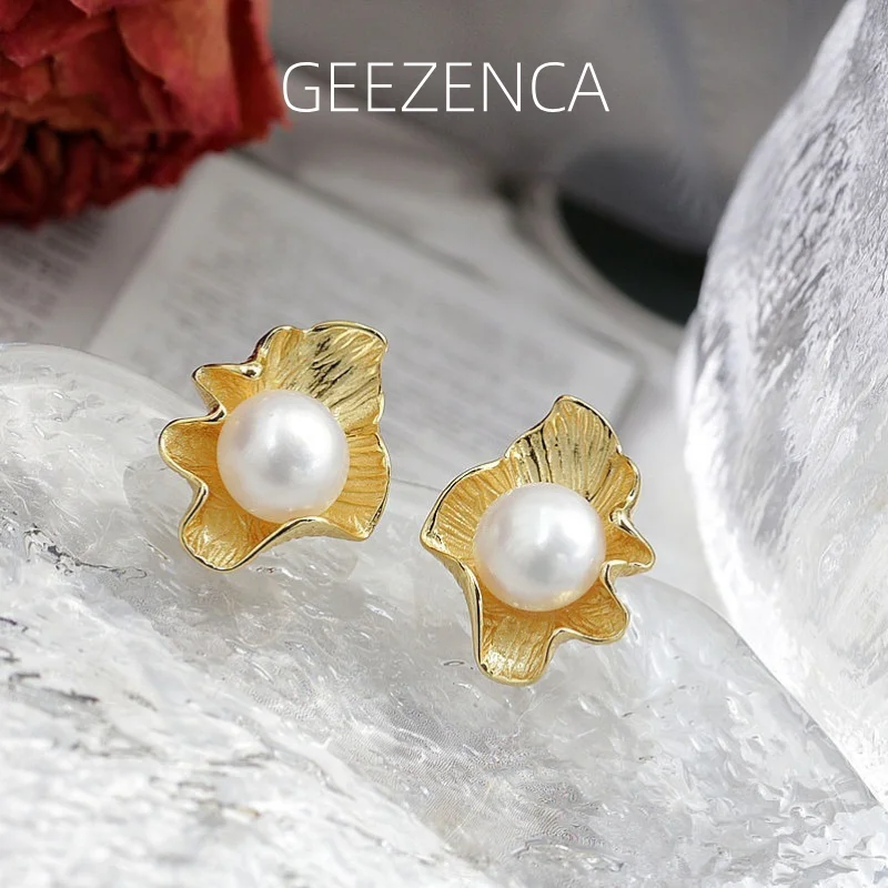 

GEEZENCA 925 Silver 18K Gold Natural Pearl Statement Earrings Women Delicate Flower Shape Dainty Lightweight Earring Gift to Her