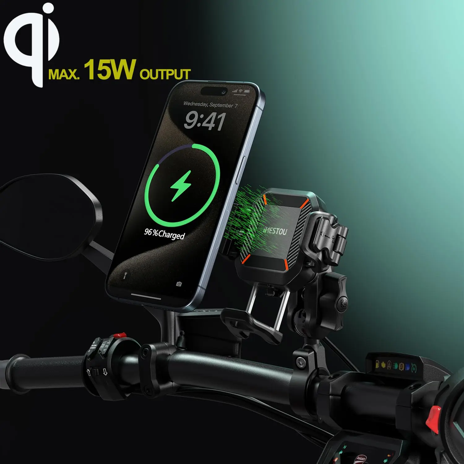 Support de téléphone pour moto, chargeur sans fil 15W et USB C 36W, charge rapide pour téléphones de 5.2 à 7.2 pouces jusqu'à 15mm d'épaisseur