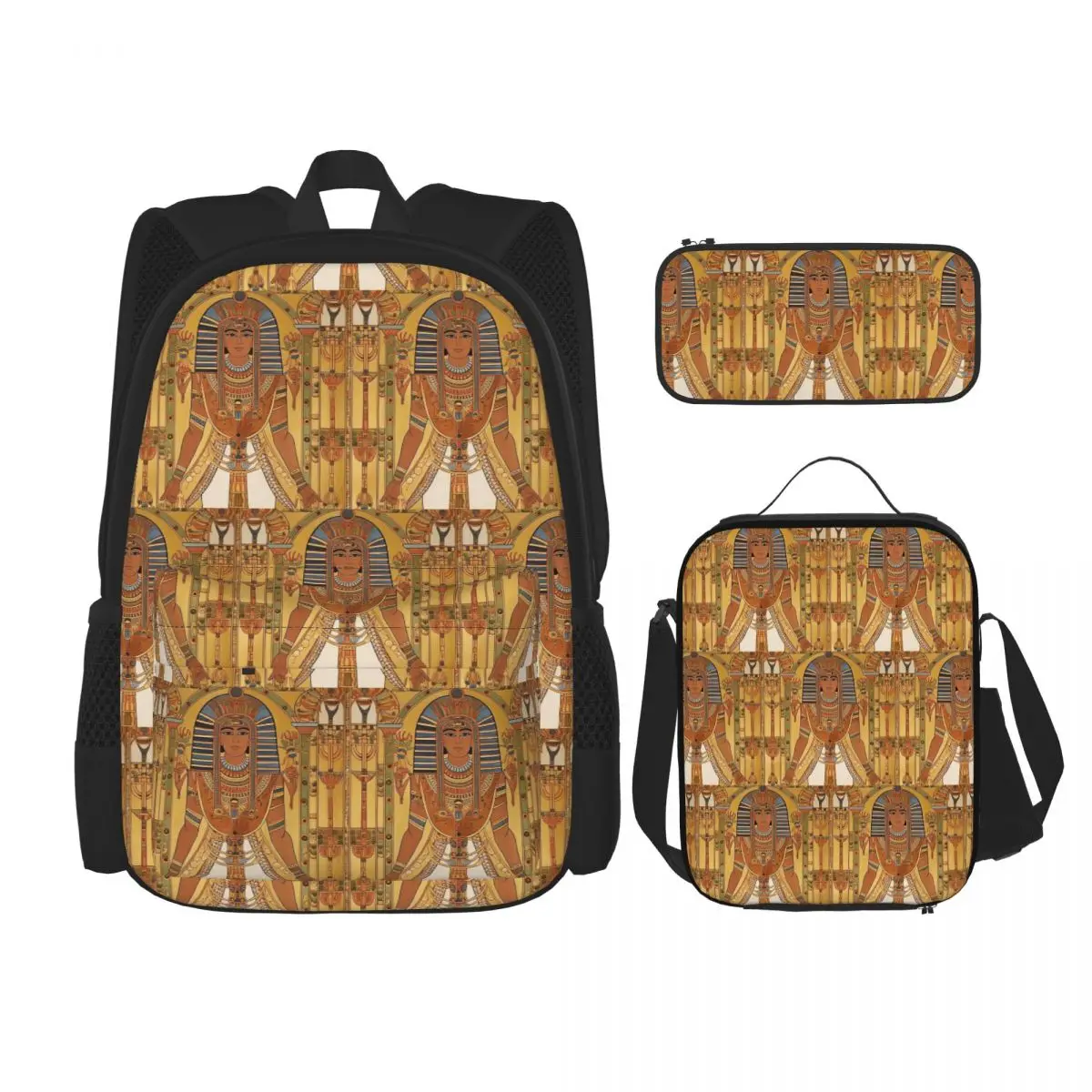 Egyptian Pharaoh With Golden Crown Illustration Backpacks Bookbag School Bags Rucksack Lunch Bag Pen Bag Three-Piece Set