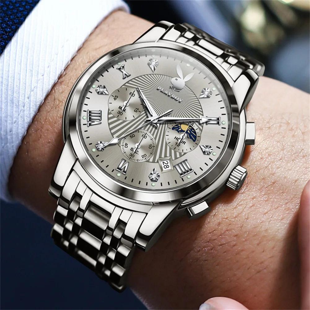 PLAYBOY High Quality Luxury Watch Men Stainless Steel Classic Roman Man Quartz Watches Waterproof Calendar Men\'s Wrist Watches