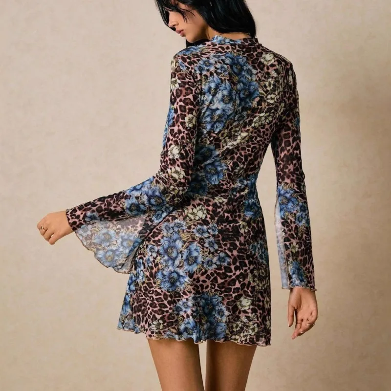New Women's Boho Floral Dress Double-layer O Neck Mesh Slits Trumpet Long Sleeves Slim Fashion Sexy Party Mini Dresses For Women
