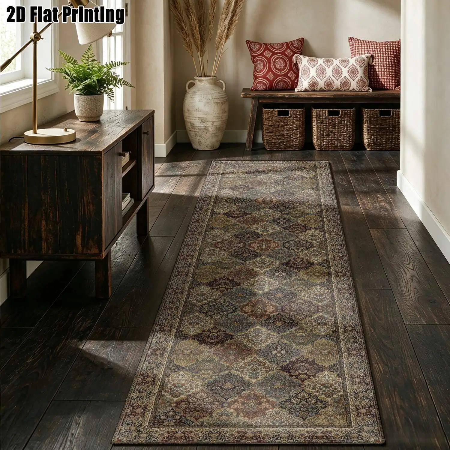 1Pc 2D Printed Long Strip Rug: Retro Geometric, European-Style, Bohemian Designs, Home Decor, Multiple Sizes, Machine Washable, for Entryway, Hallway, Bedroom, Living Room