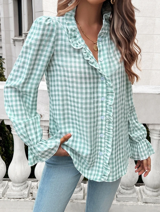 Summer Fashion New 2024 Women's Shirt French Contrasting Button Up Shirt Loose Plaid Shirt Long Sleeved Casual Shirt