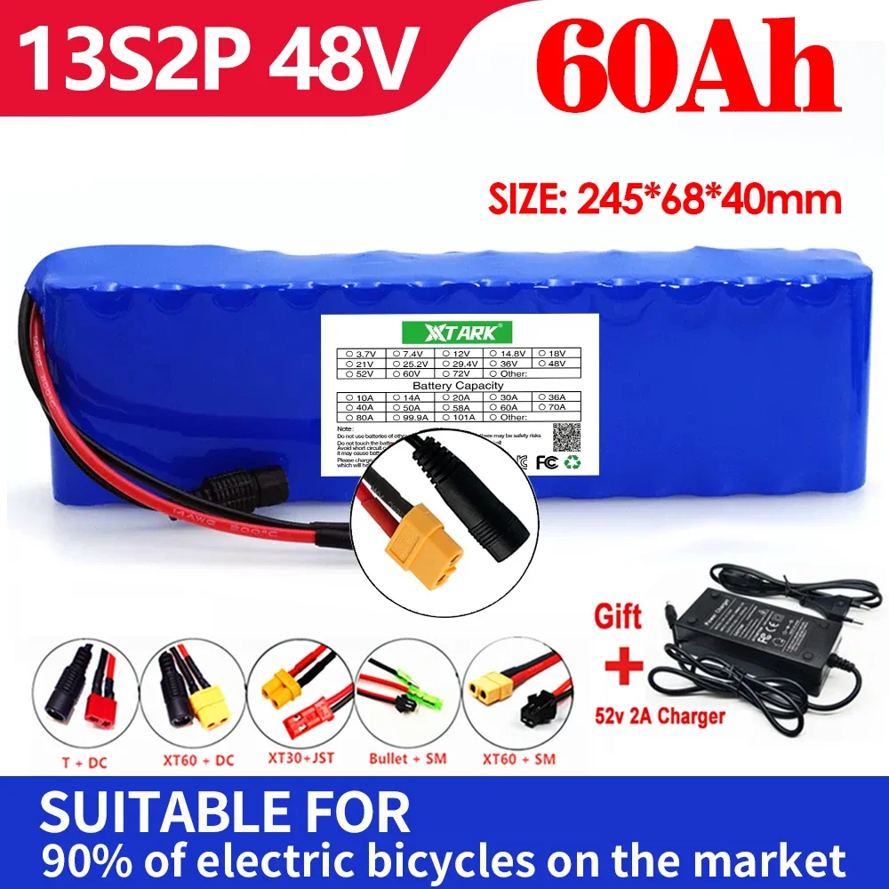 

E-bike battery 48V 60Ah 18650 lithium ion battery pack 13S2P bike conversion kit bafang 1000w and 54.6V2A Charger + XT60/DC Plug