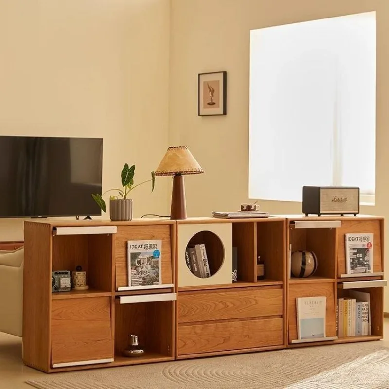 Medieval Module Combination Cabinet Cherry Wood Solid Wood Bookcase TV Cabinet Storage Low Edge Floor Bookshelf Home Dust-proof